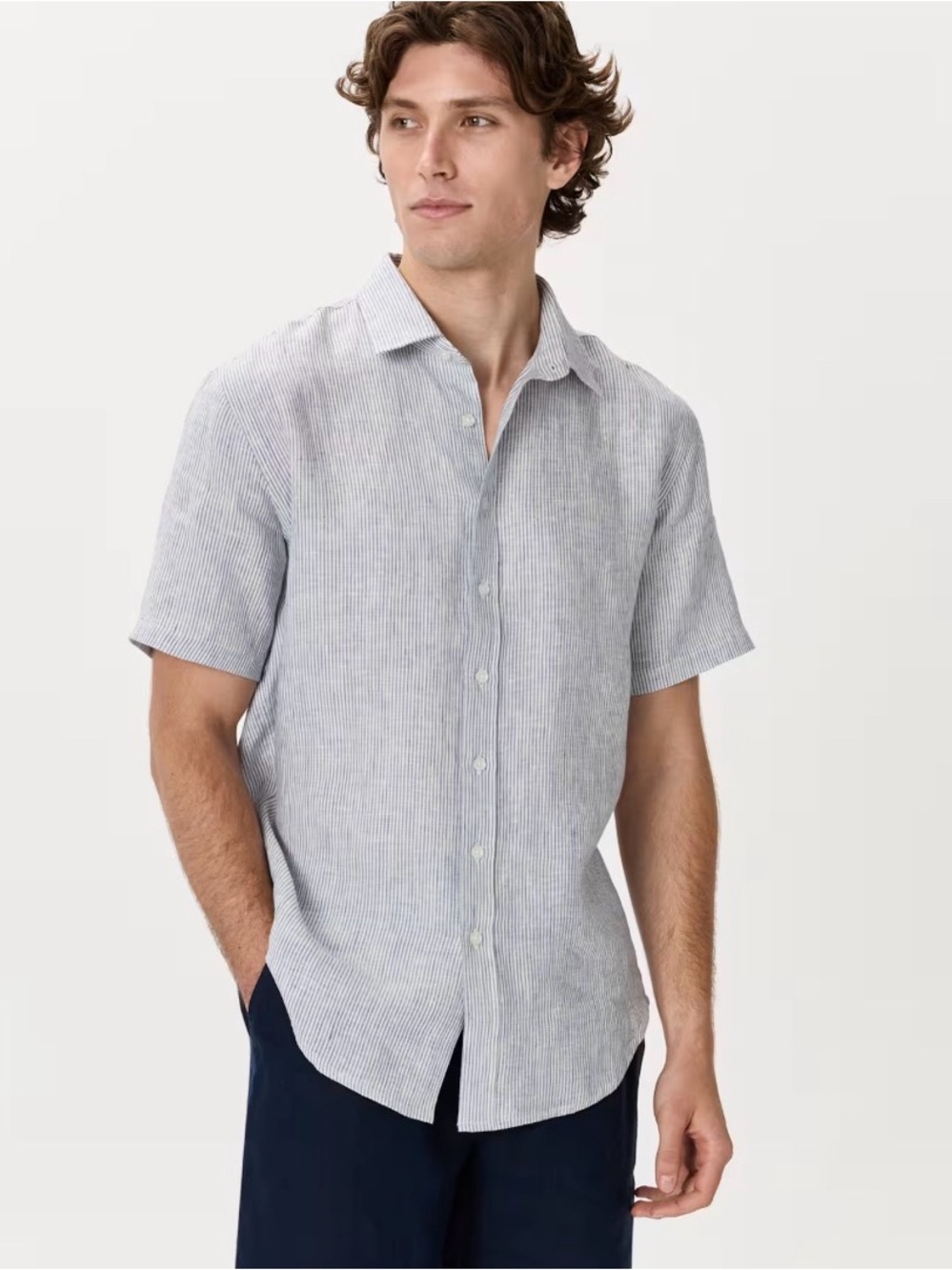 Quince 100% European Linen Relaxed Short Sleeve Shirt Pinstripe Button-Up